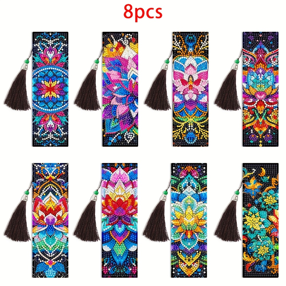 

8-pack Diamond Painting Bookmarks Kit, Lotus Mandala Pattern, Pet Material, Double-sided Design, Craft Gift For