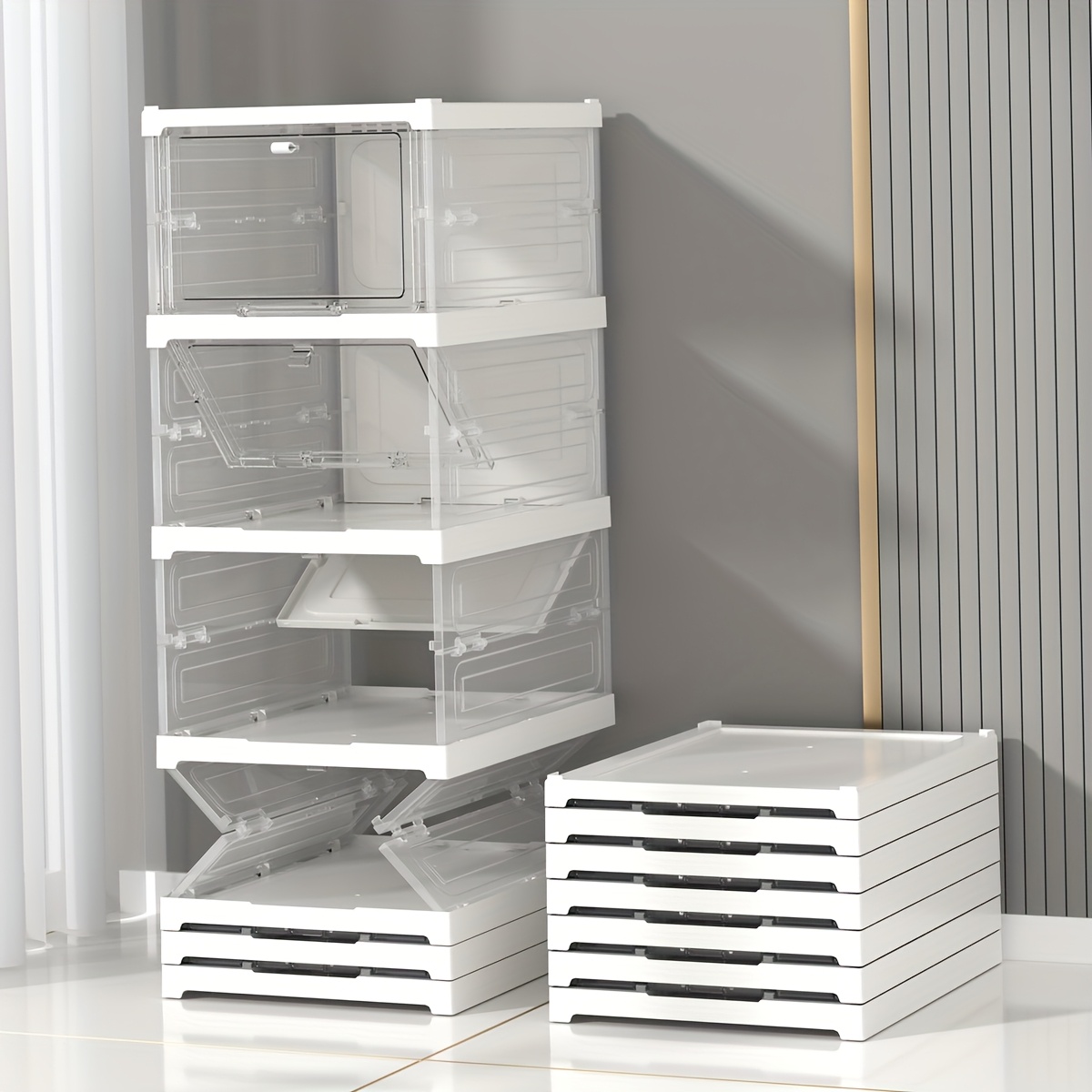 TEMU Space-saving 6-tier Shoe Rack With Clear Doors - Stackable Sneaker Organizer For Closet, Durable Plastic, Storage Solution, Storage Box