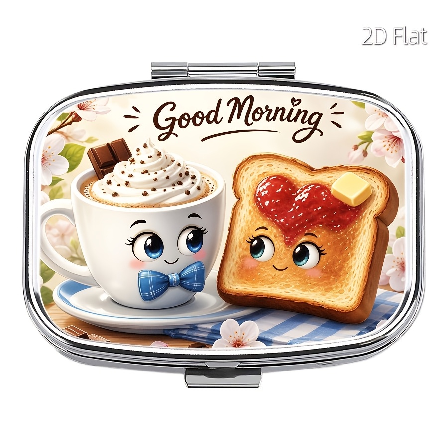 TEMU Portapillole 2D piatto, , con cartone animato "" per , mini portapillole da viaggio in metallo a 2 scomparti, organizer portatile da per