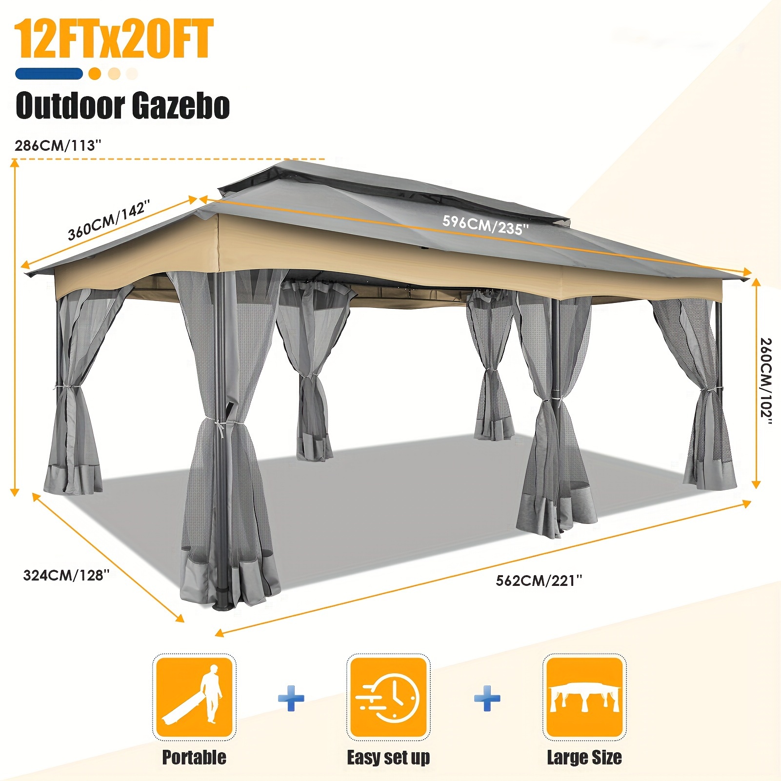 

Tooluck 12x20ft Outdoor Gazebo Patio Double-tier Roof , Outdoor Canopy With Metal Steel Frame Suitable For Lawn, Backyard, Patio And Deck