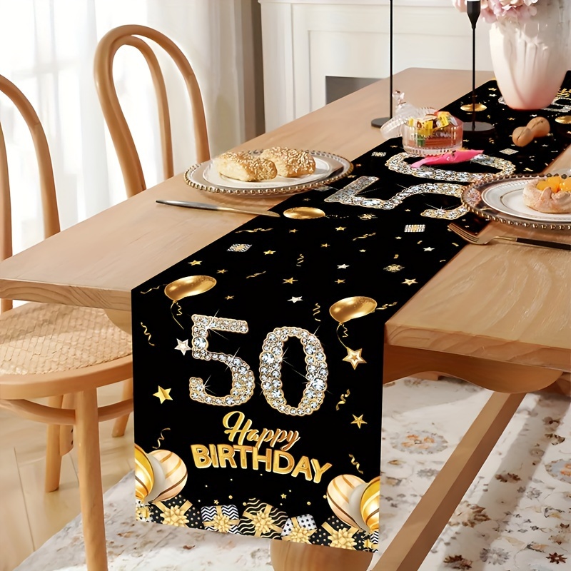 

1pc Happy 50th Birthday Table Runner - Black Balloon Pattern Table Flag For Party Decoration, Machine Made Polyester, Birthday Celebration Supplies