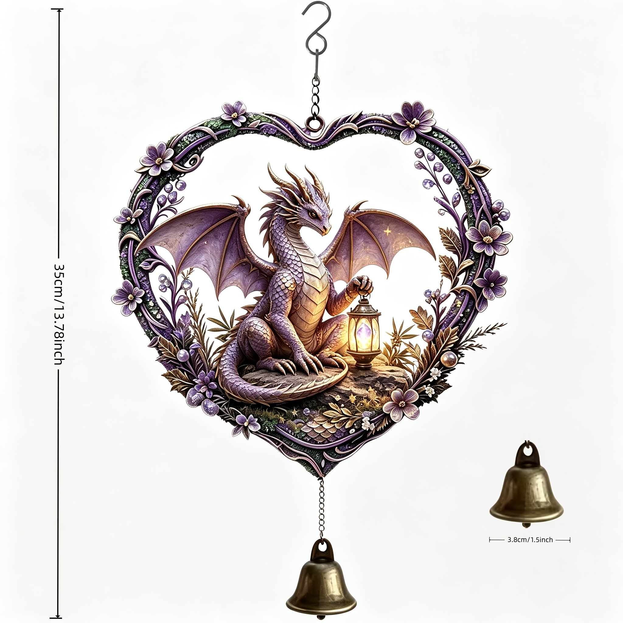 TEMU Heart-shaped Floral Frame Lantern With A Purple Phantom Dragon And Single Wind Chime Pendant. Suitable For Hanging On Indoor Windowsills, , And