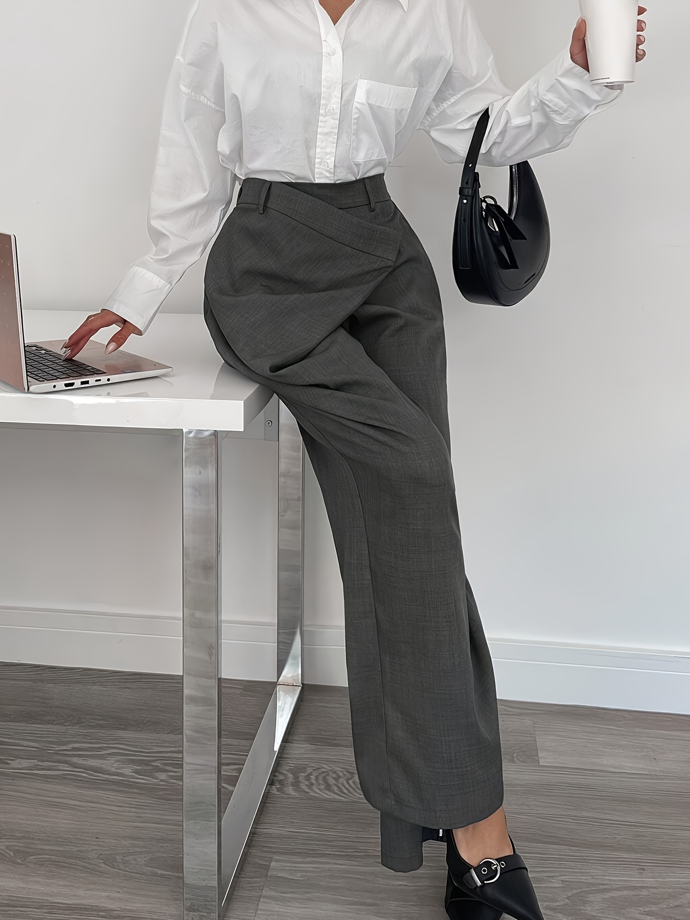 womens elegant gray work trousers straight leg office pants - Temu