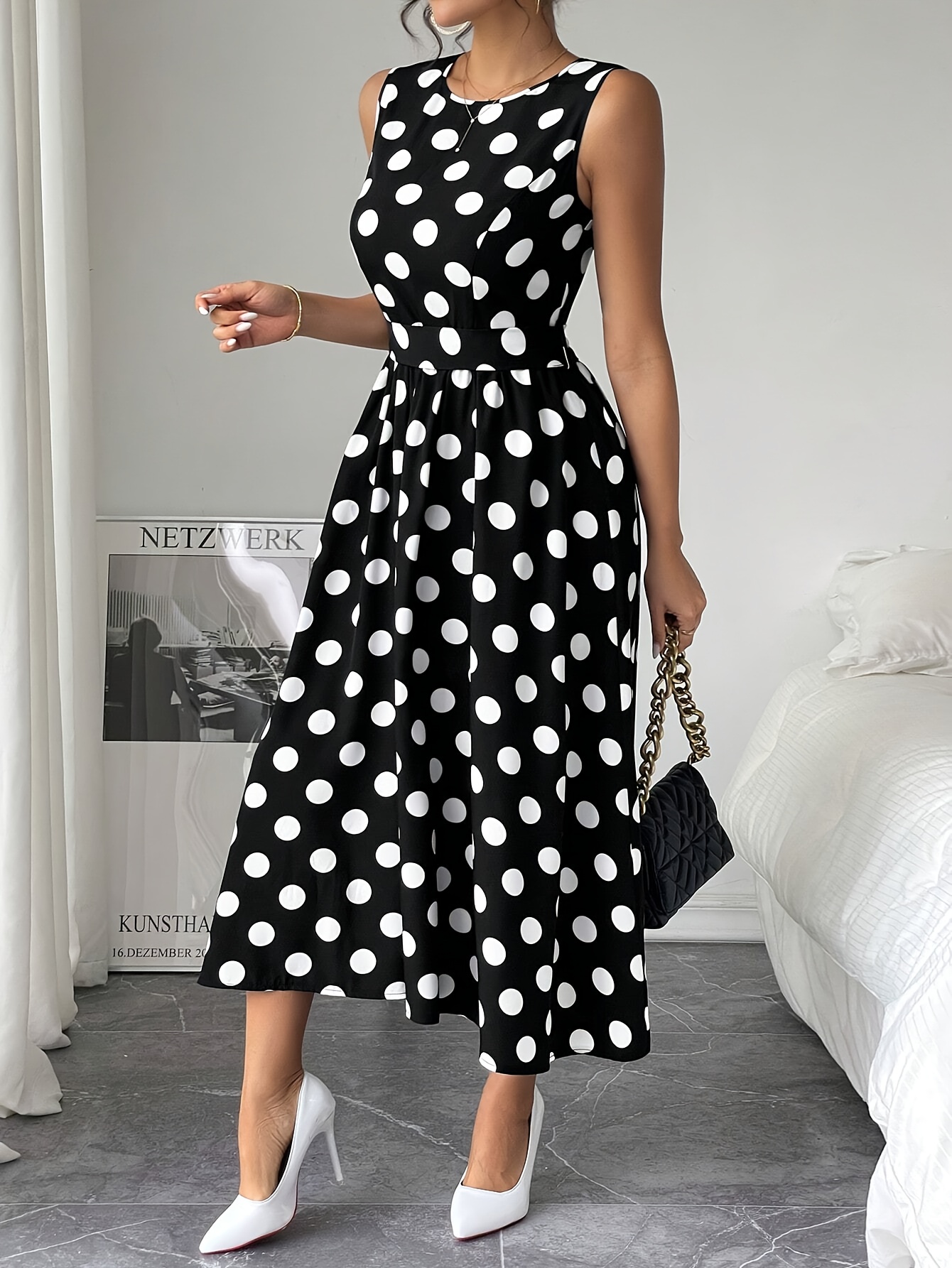 womens sleeveless waist fitted a line dress polka dots - Temu