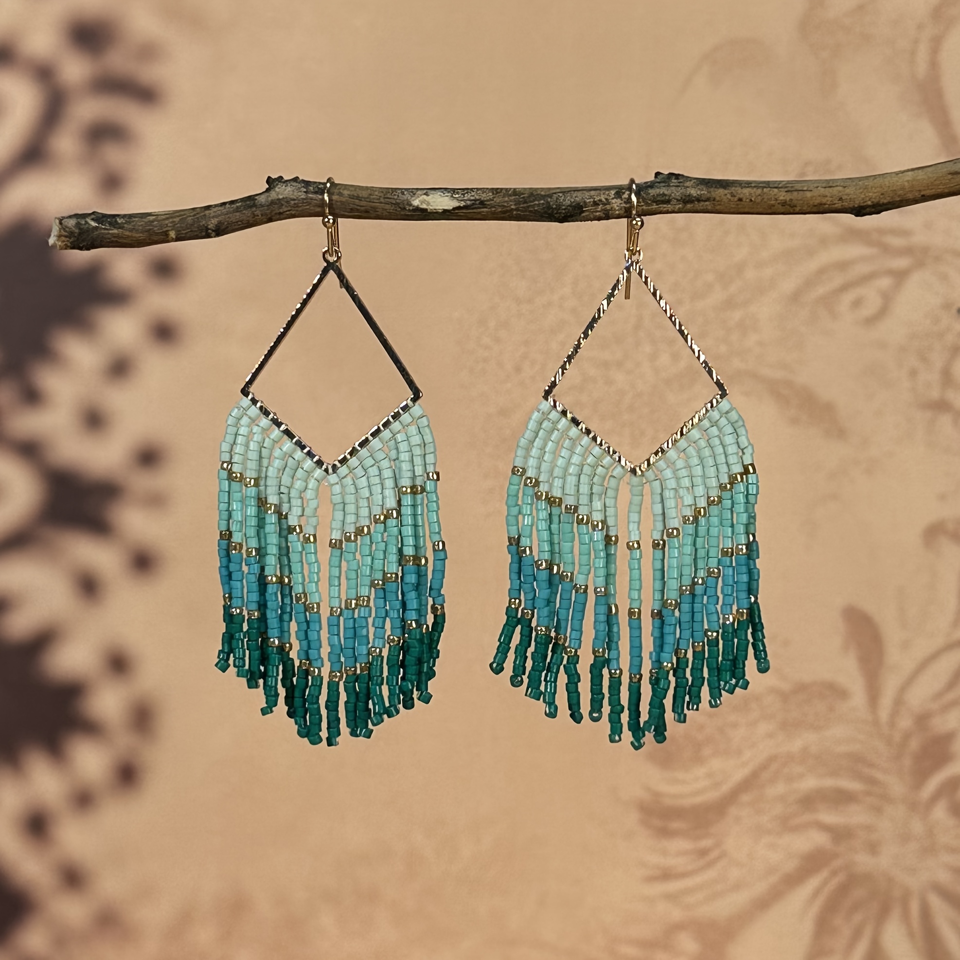 Women's Handmade Beaded Tassel Earrings, Rhombus Frame