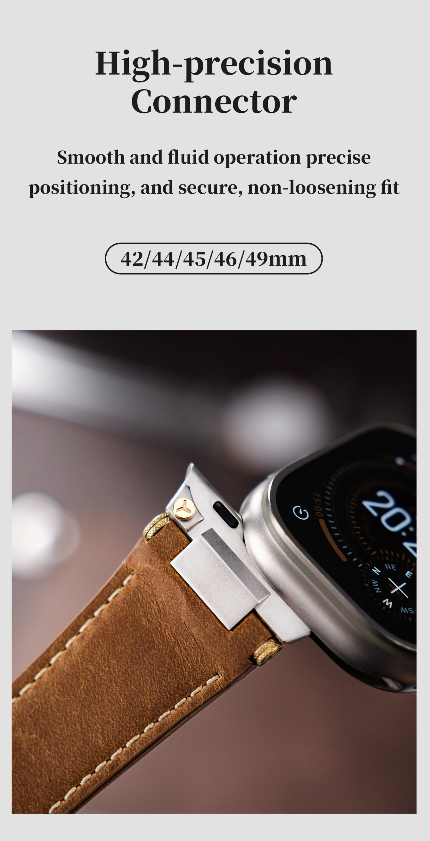 Handmade Wild Horse from Cowhide Is Suitable for iWatch S11/ Ultra3. It Features a Stainless Steel Folding Buckle and a 316L Stainless Steel Connector with Golden Studs.