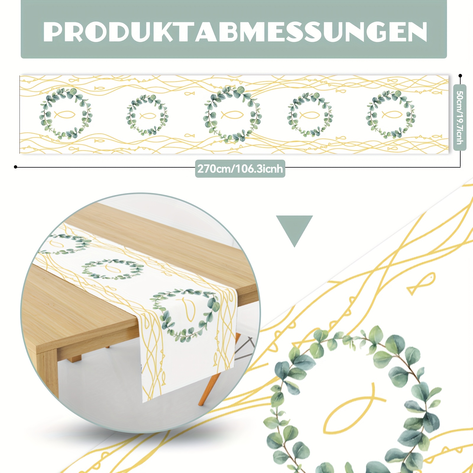 Image of 1pc Of 270 X 50 Cm Table Flag For Decoration, Suitable For Communion, Baptism, And Confirmation, Featuring Table Runner In White And Green (goldfish In A Wreath)