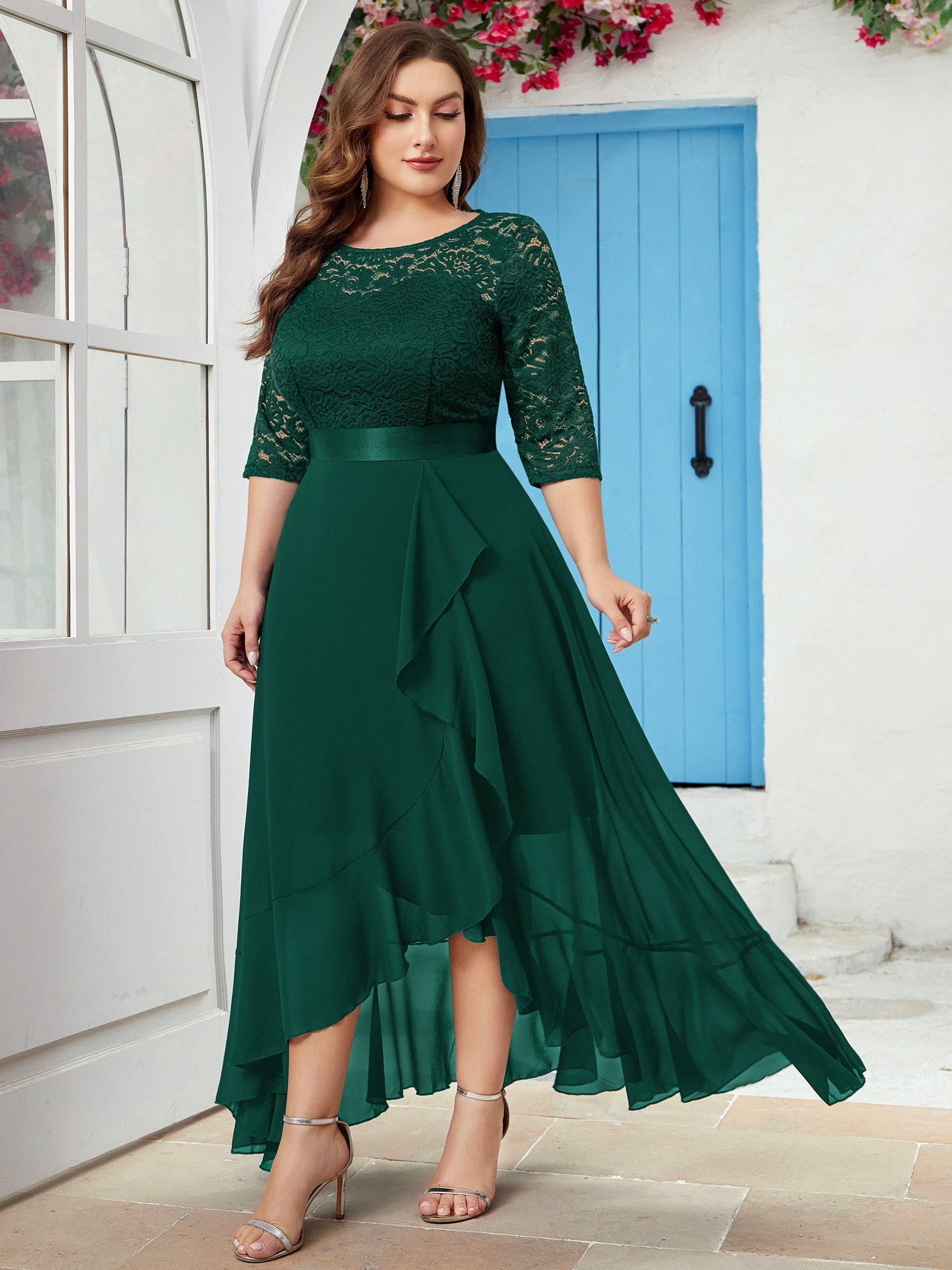 Stitching Bridesmaid Dress Plus Size Floral Lace Elegant V Temu