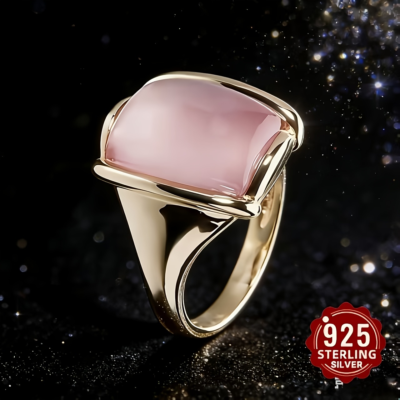TEMU Bague Carrée en Quartz Rose et Argent S925 - Design Géométrique , Luxe Léger, Éclatant et Polyvalent, de Cadeau Idéal