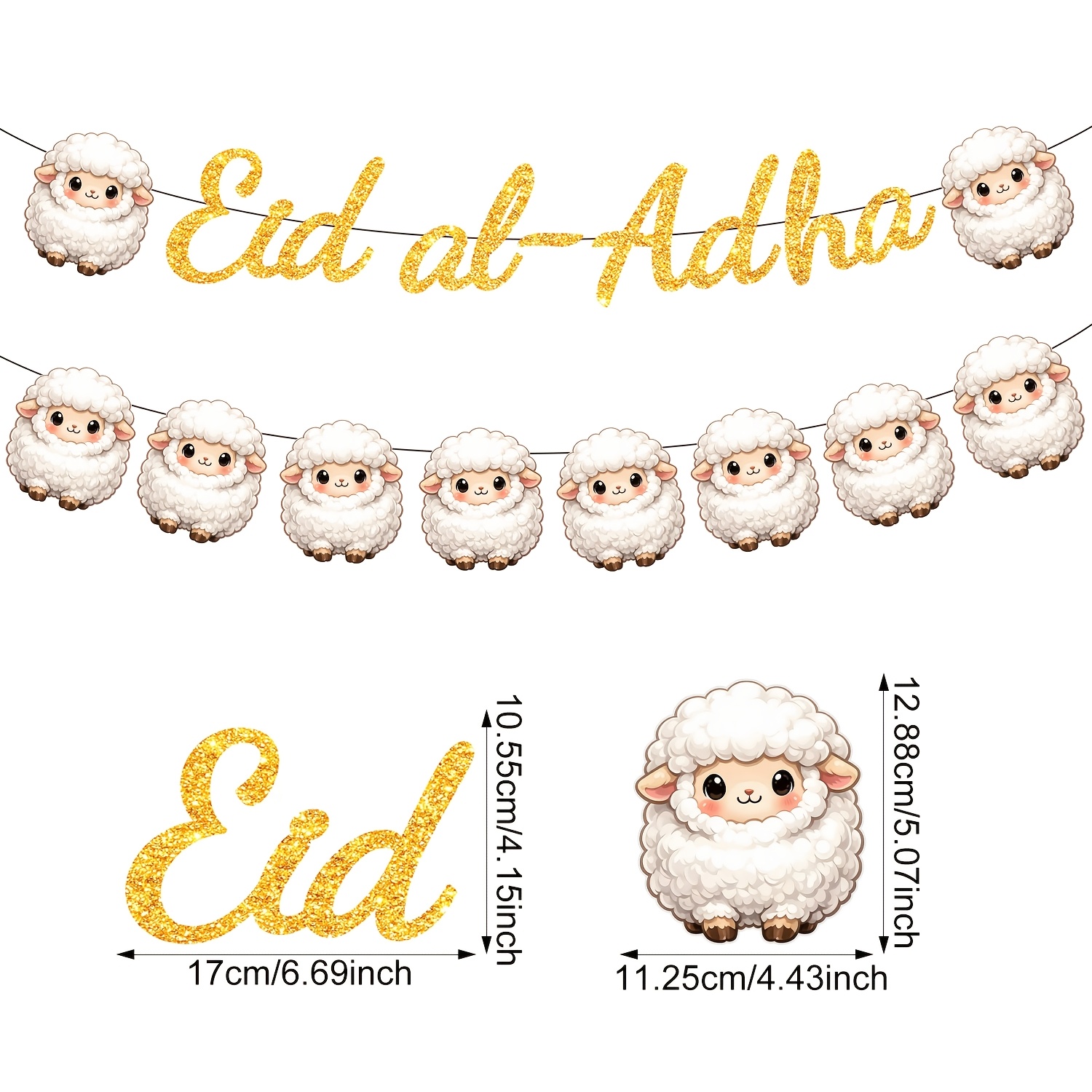 Image of Festival Of Sacrifice: Golden Letter Flag With Cute Sheep Symbol, Cartoon Lamb Festival Banner, Celebration Party Supplies For Eid Al , Home Background And Dining Table Decoration