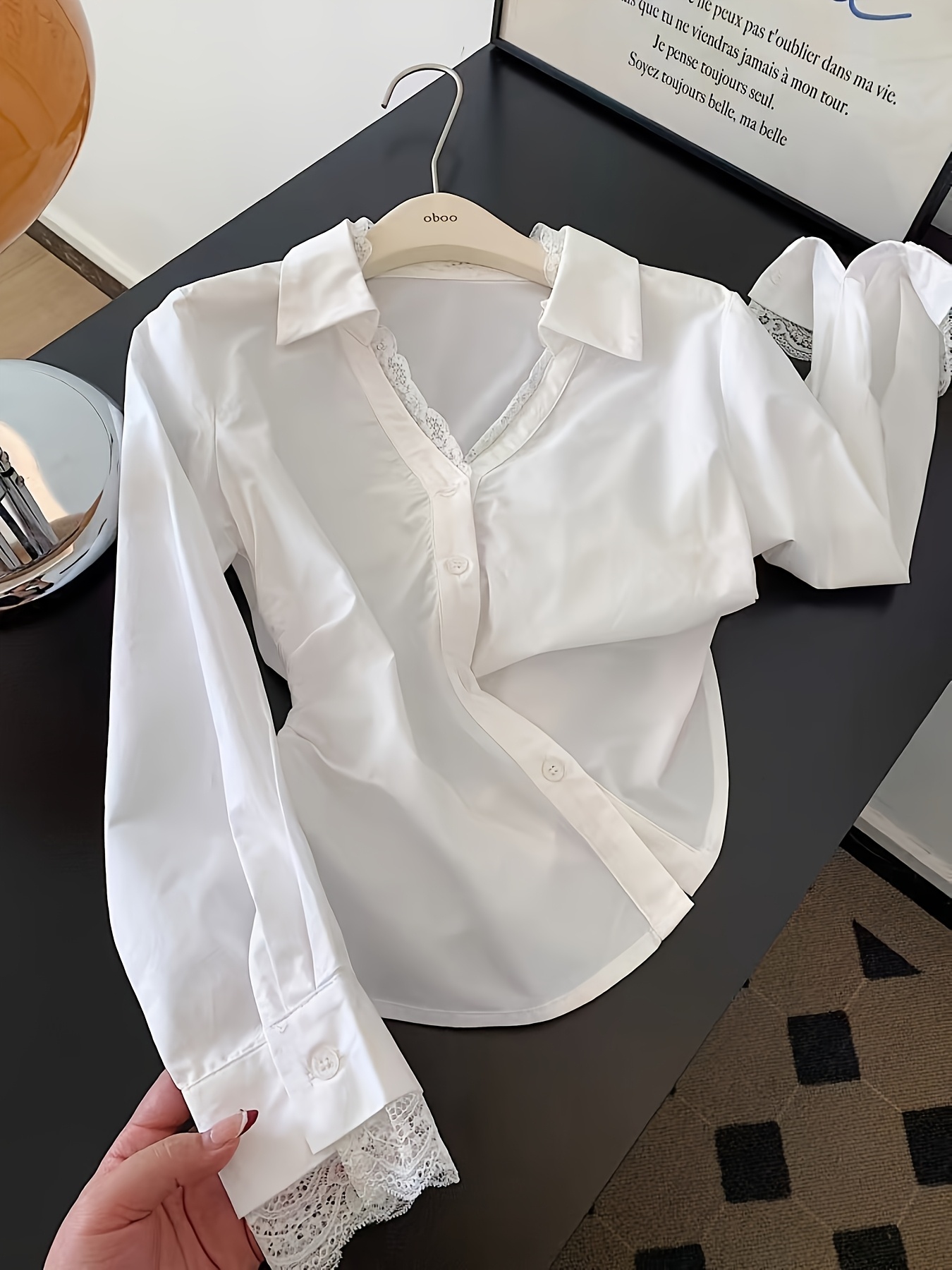 Women's Petite-* Lace Trim V-Neck Blouse Elegant Non-See-Through  Button-Front Shirt for Office, Formal Events Non-Stretch Elegant White 