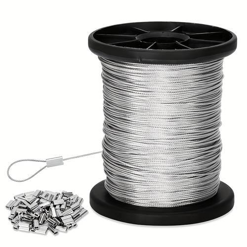 0.06 Inch (1.5 Mm) Stainless Steel Wire Rope, 1969 Inch (50 Meters) with 20 Sleeves, 1181 Inch (30 Meters) with 20 Sleeves, 394 Inch (10 Meters) with 10 Sleeves, 7×7 Strand Core 304 Stainless Steel Cable
