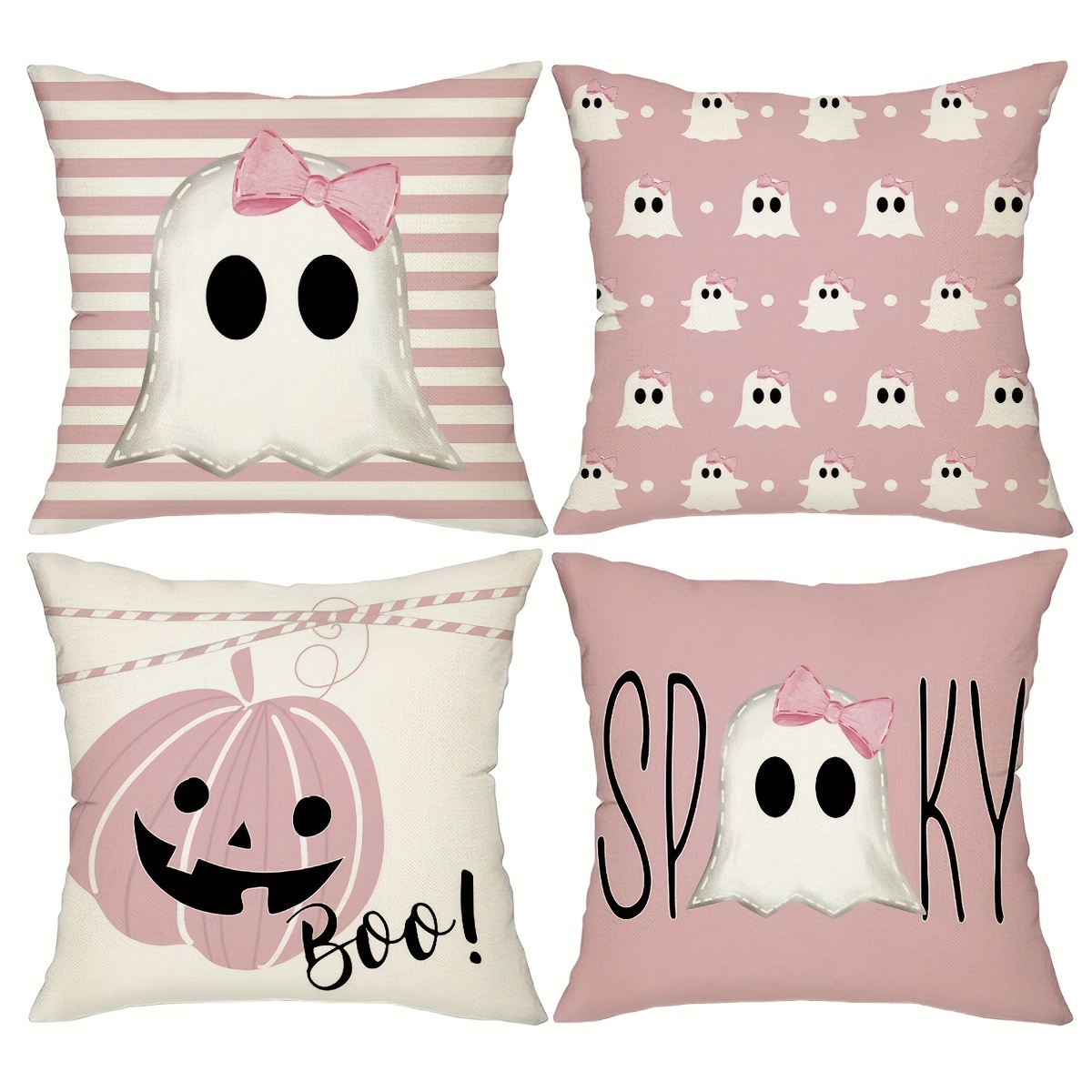 

4pcs Halloween Pillow Covers, 18*18inch Set Of 4 Striped Polka Dots Spooky Ghost Jack O'lantern Pumpkin Boo Decor Holiday Cushion Cases Party Decoration For Home Sofa, Without Pillow Inserts