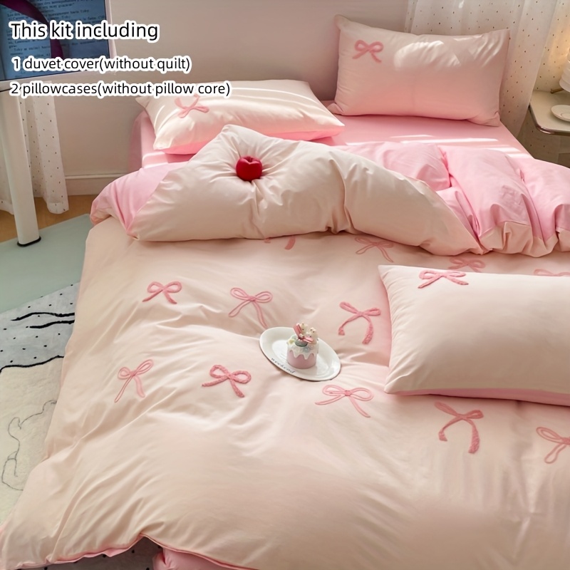 E-shop 3-teiliges besticktes Schlafzimmer-Set mit Schleife, inklusive Bettbezug und Kissenbezüge, Bettbezug mit Reißverschluss für einfaches Waschen,
