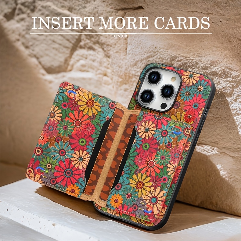DENIOR Wooden Phonecase for iPhone 15/ 14/ 13/ 12 Series Case, with Glue Kickstand And Card Holder 3 Card Slots Can Insert 3-5 Cards Shockproof Protection, Turquoise And Red Flowers, Cork Wooden