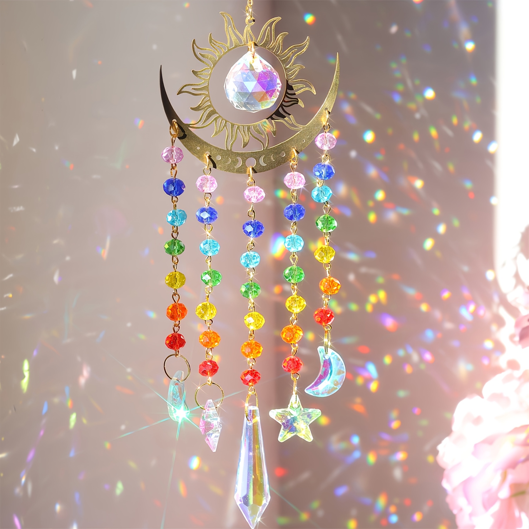 Image of 1pc Elegant Flame Moon Suncatcher Wind Chime With Crescent Stars And Stained Glass Beads Decoration For Outdoor Garden Decoration, Indoor Room Decoration Hanging Decoration