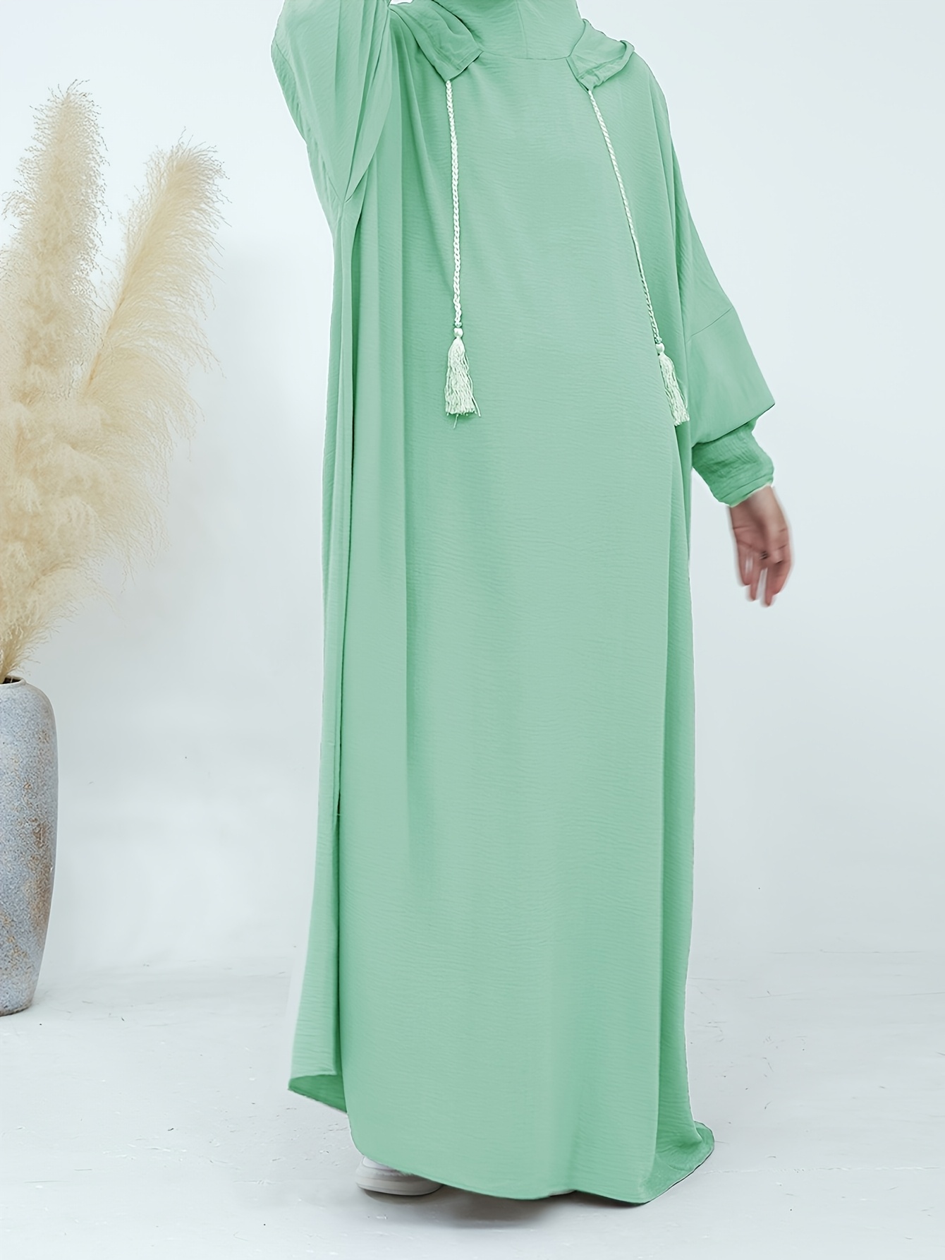 muslim hooded robe olive green middle eastern arab turkish style casual loose fit with long sleeves and tassel 0