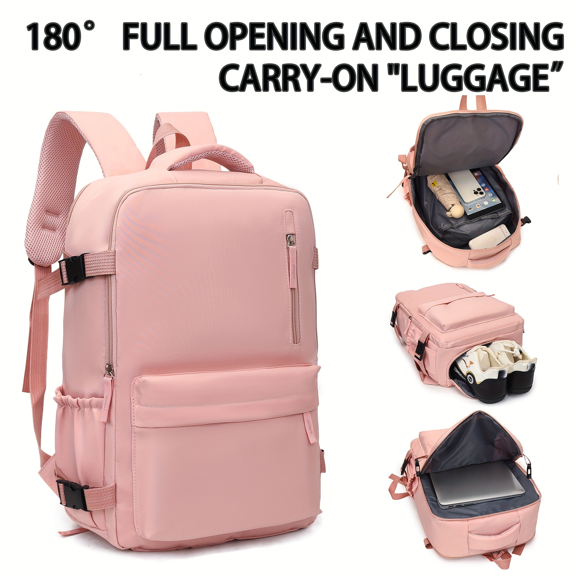 Mochila para mujer de gran capacidad y ligera, diseño de equipaje de mano con apertura de 180°, correas ajustables, múltiples compartimentos con cierre de cremallera y hebilla, estructura metálica duradera y forro de poliéster, mochila negra casual para viajes, negocios, diseño minimalista, costuras reforzadas, bolso versátil, ideal para entusiastas del aire libre