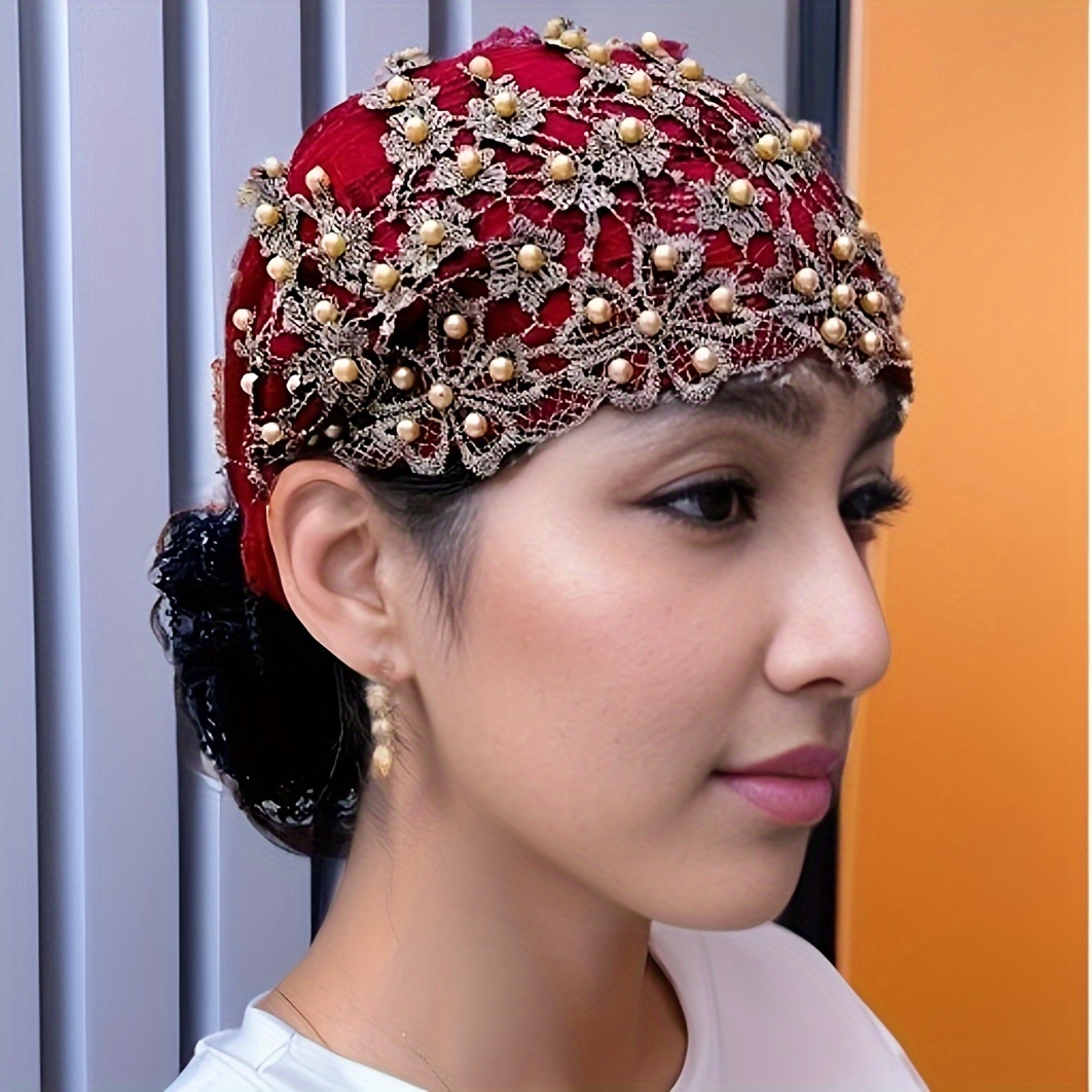 TEMU Elegant Women's Hair Hat, Gorgeous Applique Nail Bead Decoration, Ladies Ramadan Hat, Worn Daily