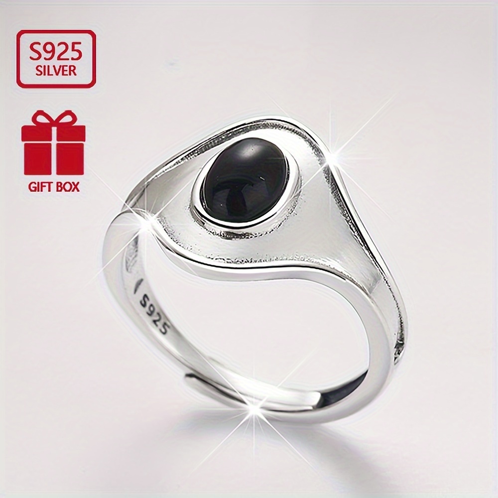 

Total Weight 3.3g 1pc Women's Fashionable Wide Face Ring 925 Pure Silvery Retro Hip-hop Style Black Agate Shaped Ring With Adjustable Opening For Men And Finger Ring Suitable For Party Activities