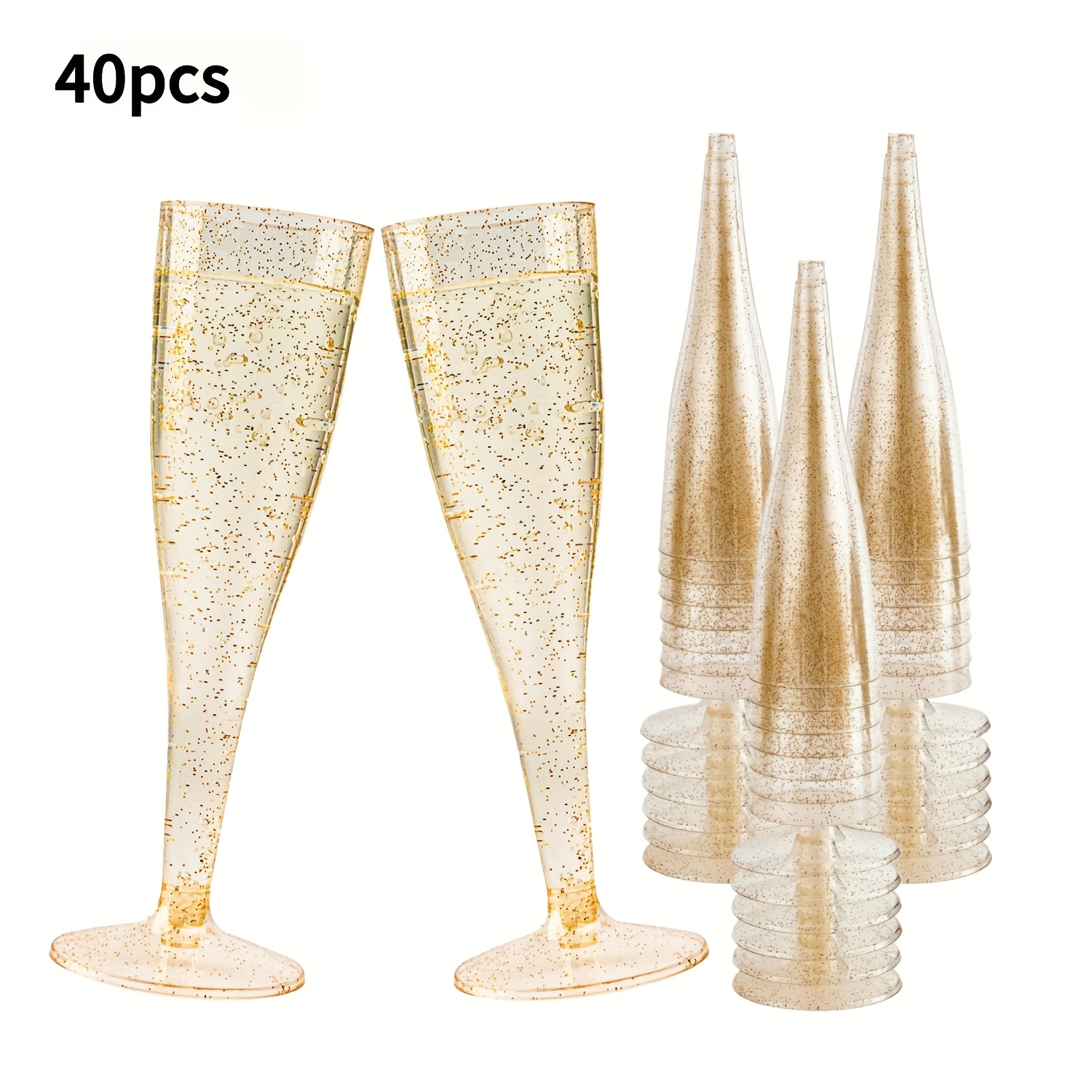 Image of 10/20/40pcs Golden Glitter Plastic Flutes - 130ml/4.5oz Party Goblets, Cups, Food-grade Polystyrene (ps), Reusable, For Parties Bars Weddings