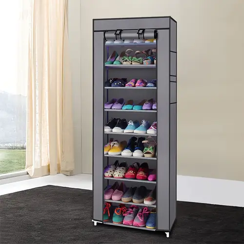 space saving 10 tier shoe rack with dustproof cover sturdy steel non woven fabric easy assembly for bedroom storage