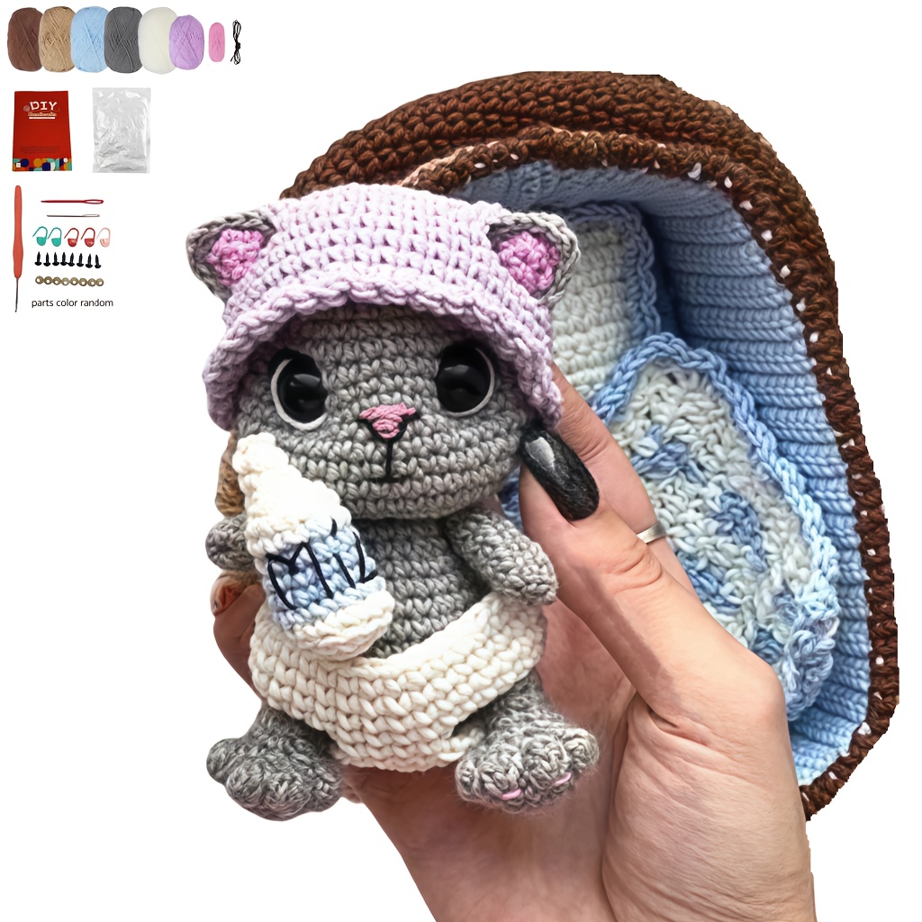 Image of 1set Animal Crochet Kit For Beginners, Beginner Crochet Kit For Adults With Text Tutorials, Cat And Cradle Diy Knitting Kit, Cute Decorative Ornaments, Birthday Valentine's Day Festival Gifts