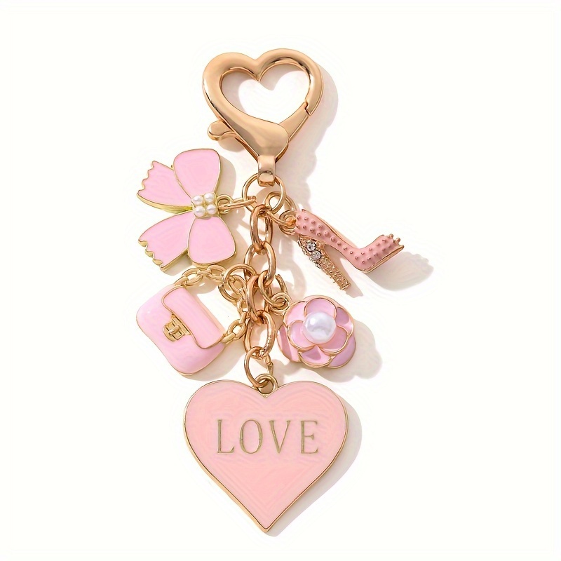   pink mini bag cosmetics charm keychain ladies key ring metal round   keyring with flowers heart decor single individual piece   special ring   decorative bag pendant gift 1