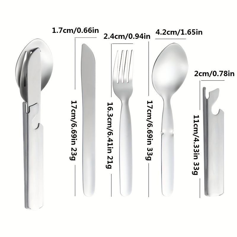 personalized and travel friendly stainless steel outdoor cutlery set with knife fork and spoon including bottle opener   stainless steel portable camping and travel gear in vintage golden and silvery color Product details 5