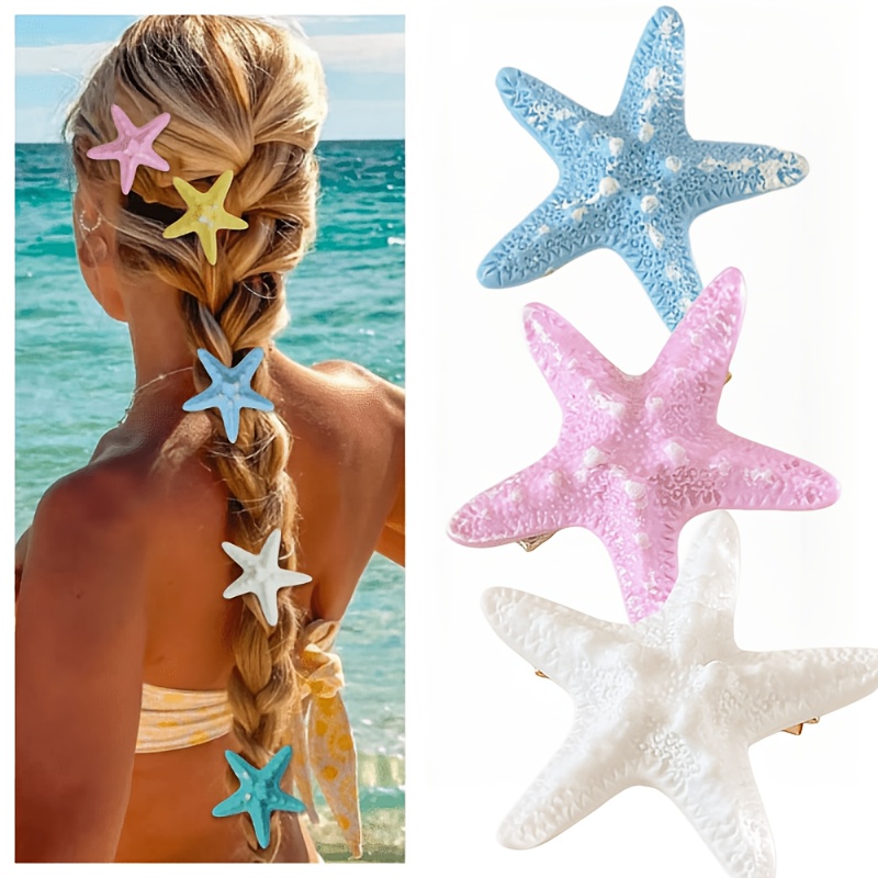TEMU Set da 3 fermagli per capelli a forma di stella marina colorata simulata, forcine a d'anatra per laterale ispirate alla , accessori per capelli
