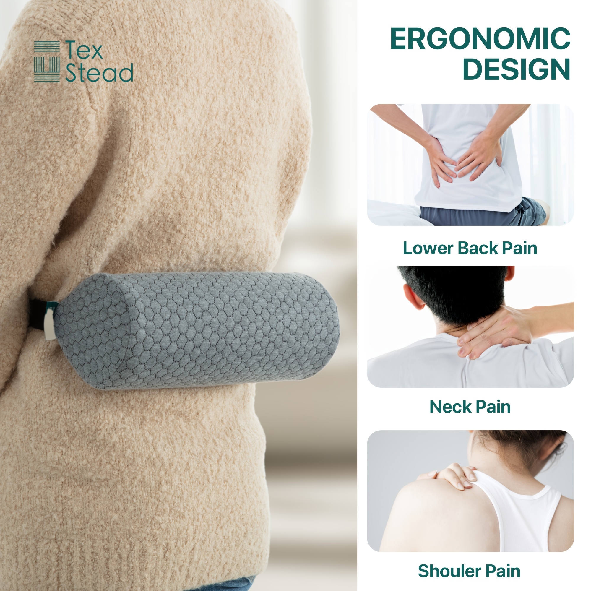 1pc   ergonomic lumbar support pillow with removable cover elastic strap medium firm foam cylinder bolster for neck back and seat relief ideal for   and home use backrest pillow posture   contoured design machine washable Product details 0