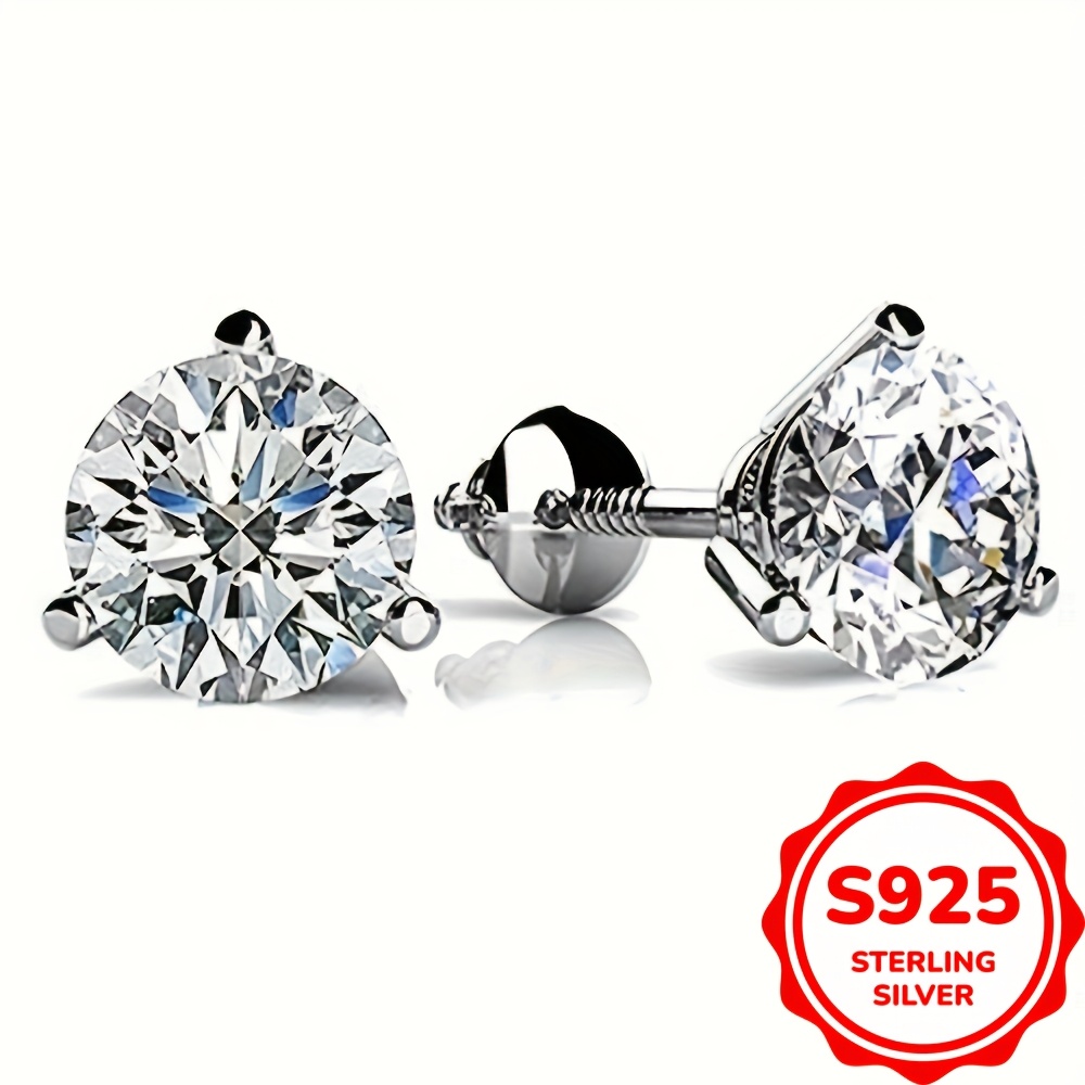 

3-claw Zircon Screw Back Earrings Silver Plated 925 Silver For Women Girls Gifts Decor Jewelry