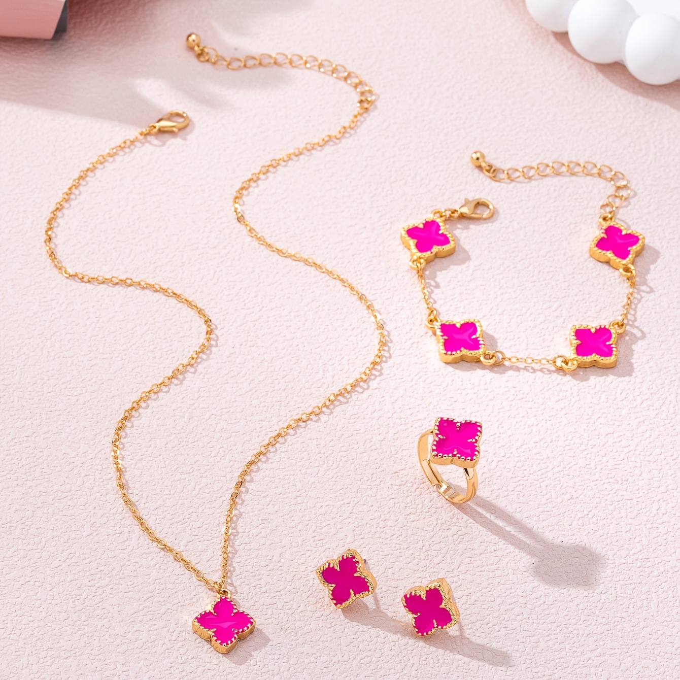 TEMU Light Luxury Niche Drip Oil Four-flower Set: Elegant Stud Earrings, Necklace, Bracelet, And Ring For Daily, Dating, And Commuting Wear