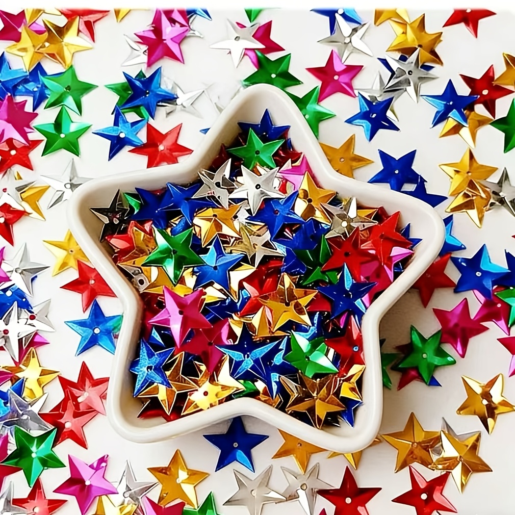 TEMU 800pcs Paillettes Étoiles 3D à Trou Moyen 15mm, Couleurs Mélangées et Paillettes Scintillantes Dorées pour Bricolage, Broderie, Art de Filage de