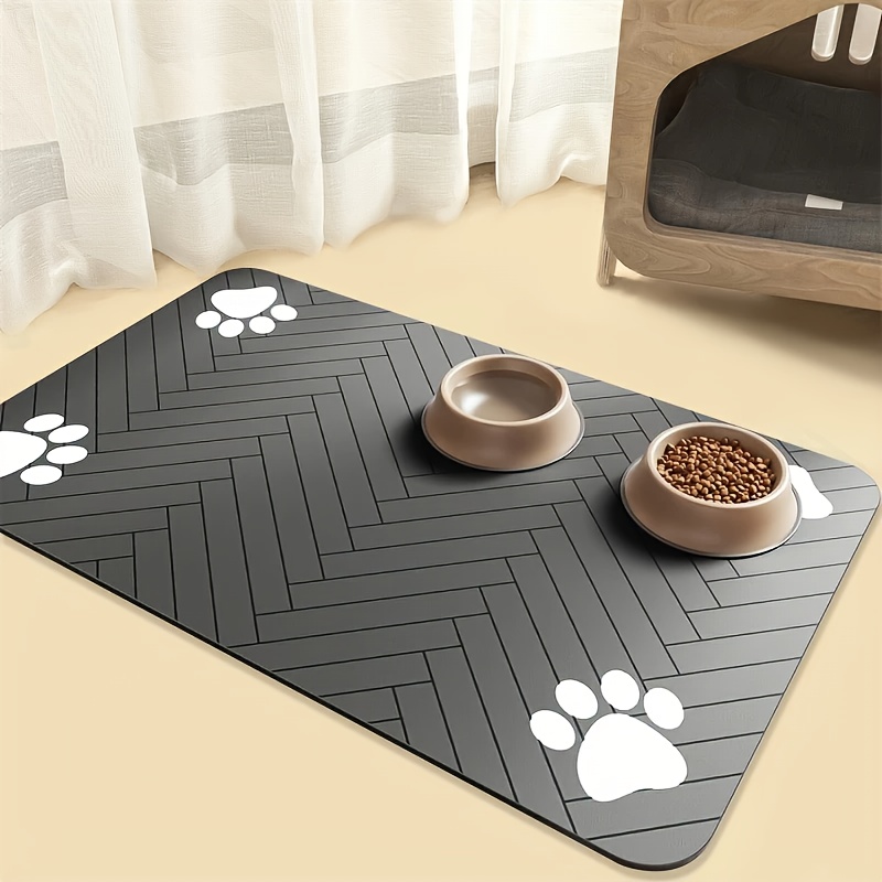 1pc Quick Dry Diatomaceous Earth Pet Feeding Mat - Splash-Proof, Absorbent, Easy to Clean, for Dogs And Cats, Herring Bone Pattern with Paw Print Design, Black, Washable Pet Feeding Mat