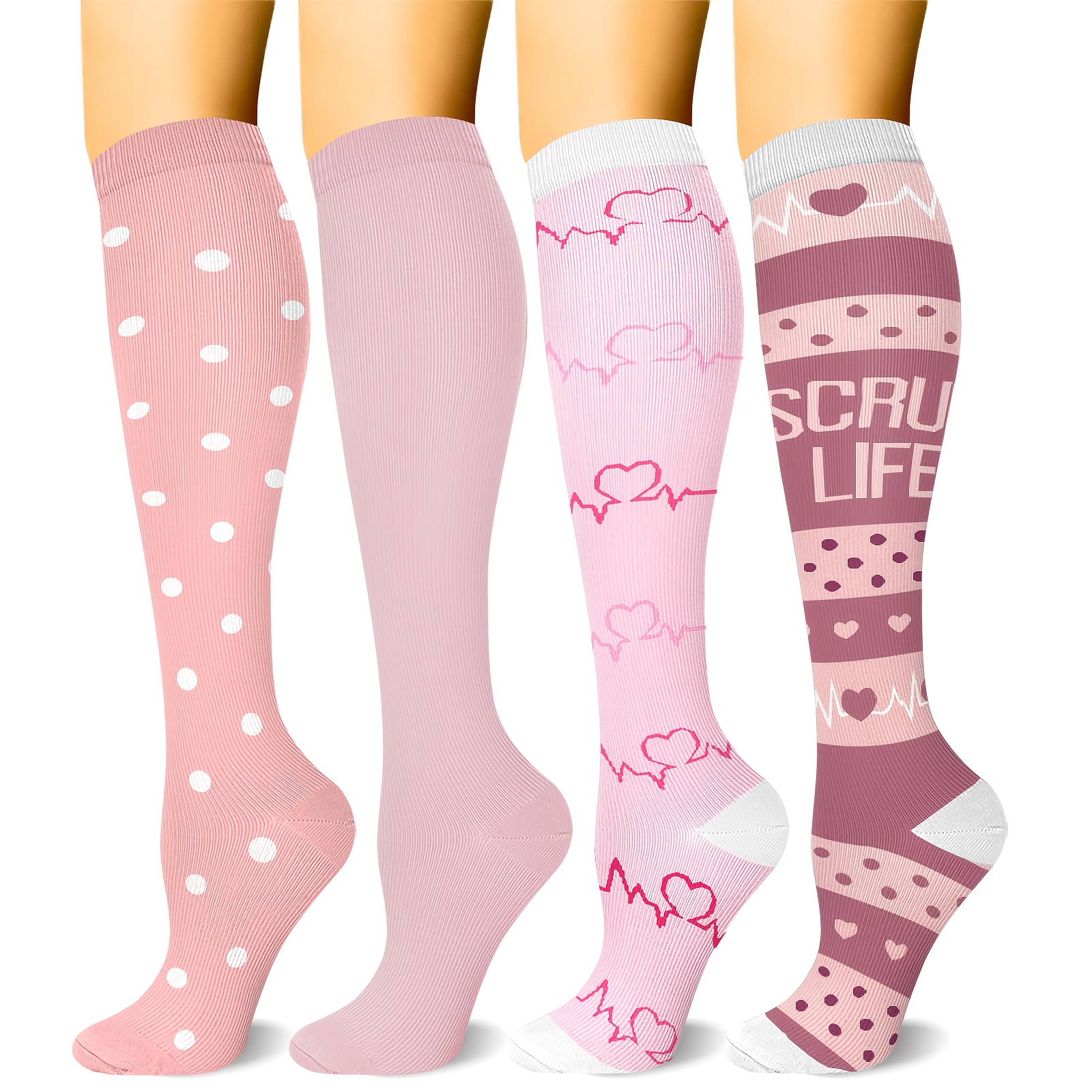 

4pcs Knee-high Socks For Women - With , Clouds, Hearts, And "" Design, Nylon/spandex , Ribbed Texture, Ideal For, Socks