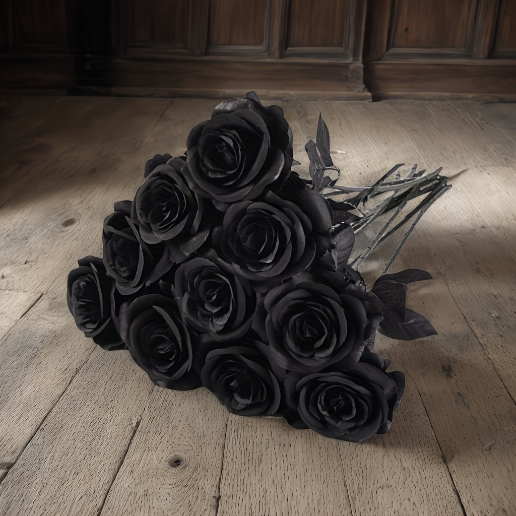 Set Of 10 Black Roses For Halloween Decoration, Perfect For Gothic Weddings And Outdoor Parties, Featuring Long Stems And Petals