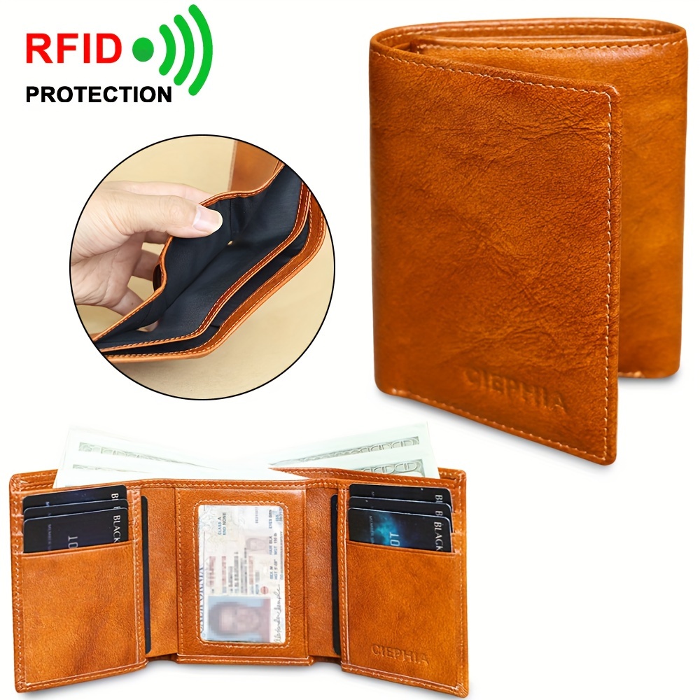 

1pc Men's Top Layer Cowhide Trifold Wallets, Rfid Blocking Wallet With Id Window, 8 Card Slots, 2 Deep Cash Pockets Money Bag