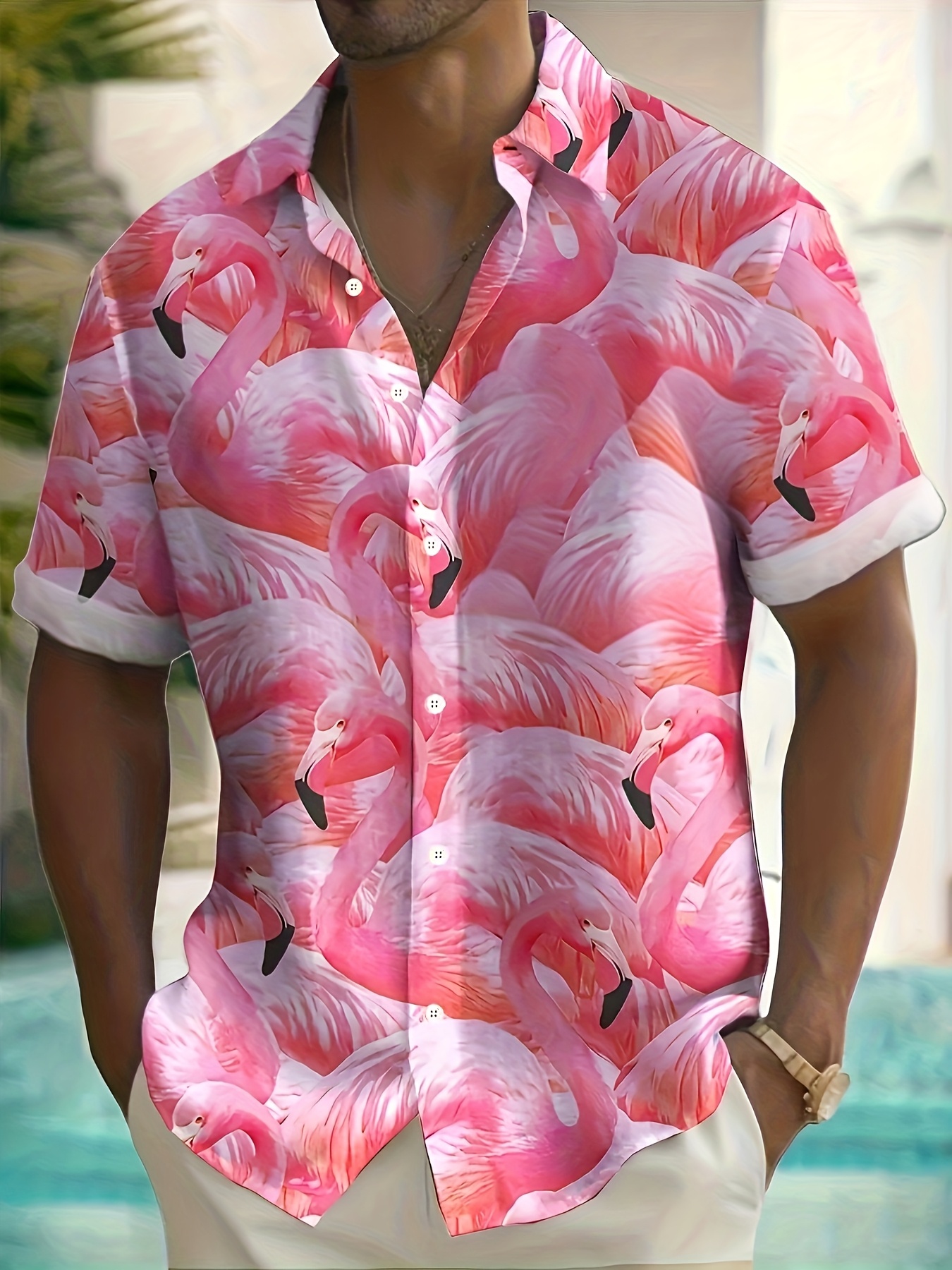 Camisa Casual de Manga Corta para Hombre con Estampado de Flamenco y *, image size:800x1067