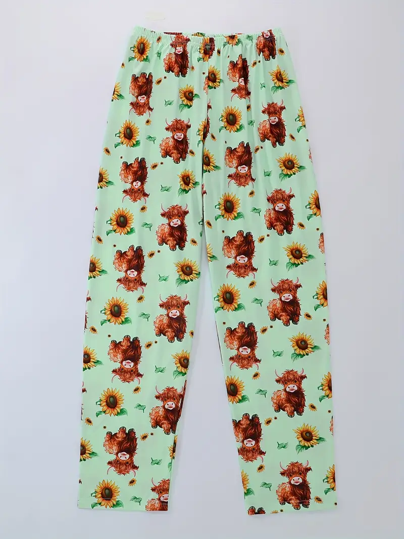 round neck three piece light green floral cow letter print adult pajama set short sleeve top and loose elastic shorts with long pants casual womens sleepwear and loungewear outfit wearable all year round Product details 2