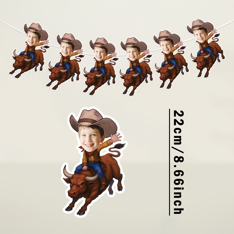 TEMU 6/12pcs Custom Face Western Cowboy Bull Riding Banner, Birthday Party Decoration Pull Flag, Wild West Themed Backdrop Wall Decor, Personalized