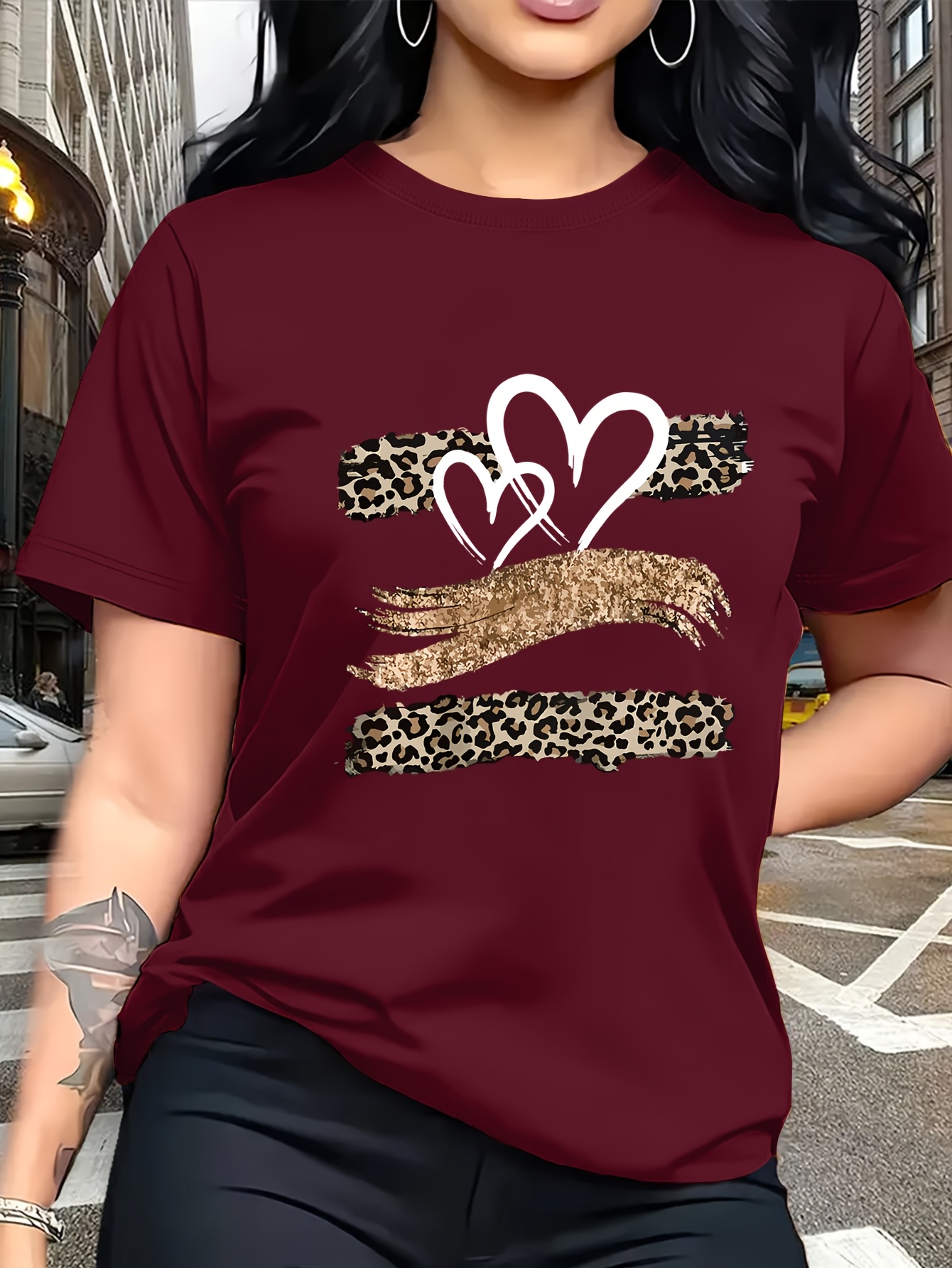 Leopard Print Heart Glitter-themed Pattern Print, Fashionable Breathable T-shirt, for Family Travel,, Casual S, Daily Commutes, Matching Outfits for Sisters, Versatile T-shirt 30057