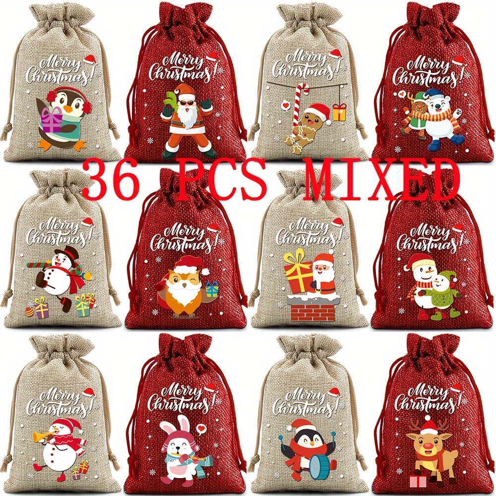 Image of 36pcs Christmas Drawstring Gift Bags Xmas Wrapping Bags Burlap Jute Bags For Present Decor Holiday Party Favor, Best For Christmas,halloween