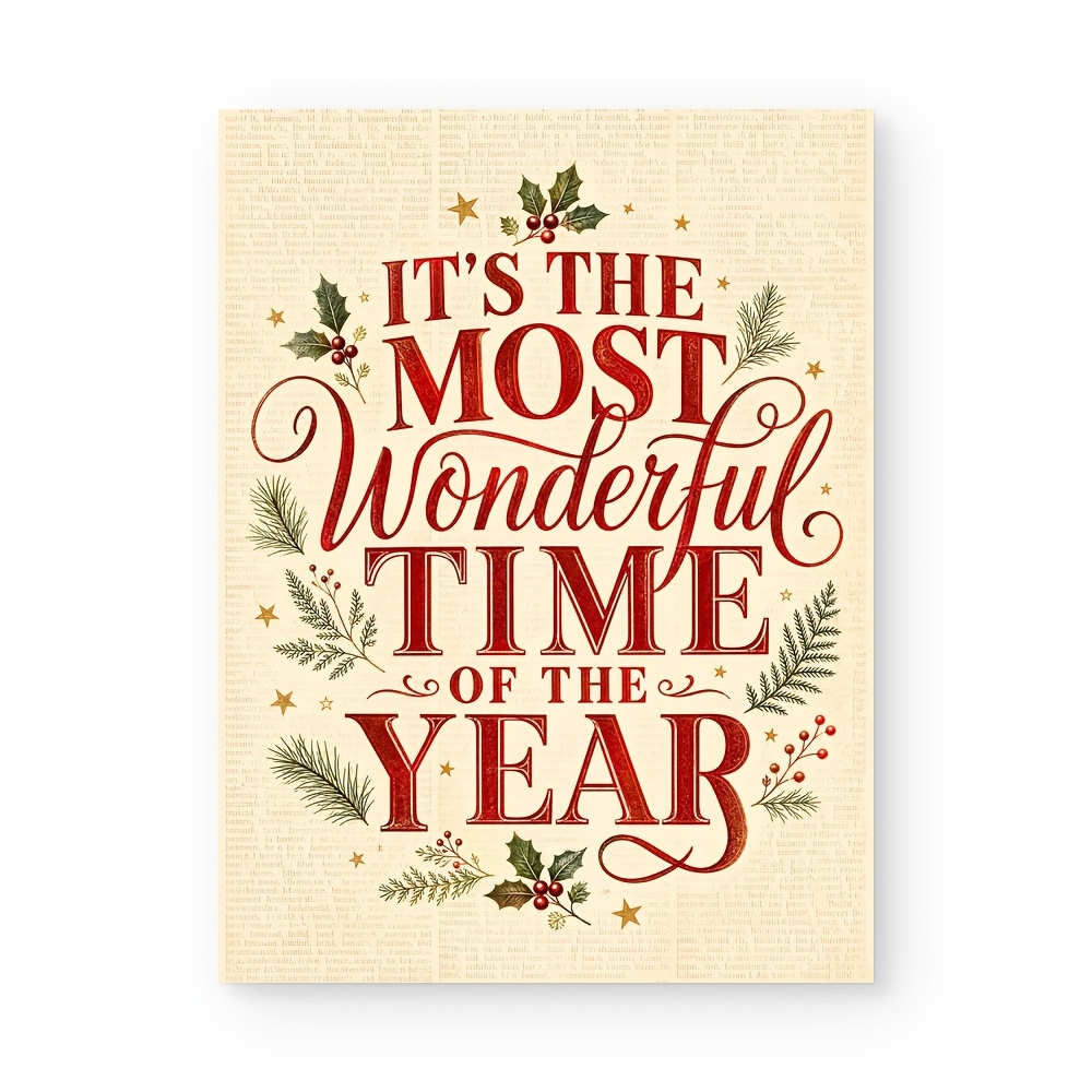 TEMU 2d Flat, Posters And Prints, The Most Of The Year Canvas Print, Vintage Newspaper Background Christmas Holly Pine Wall Art, Rustic Holiday