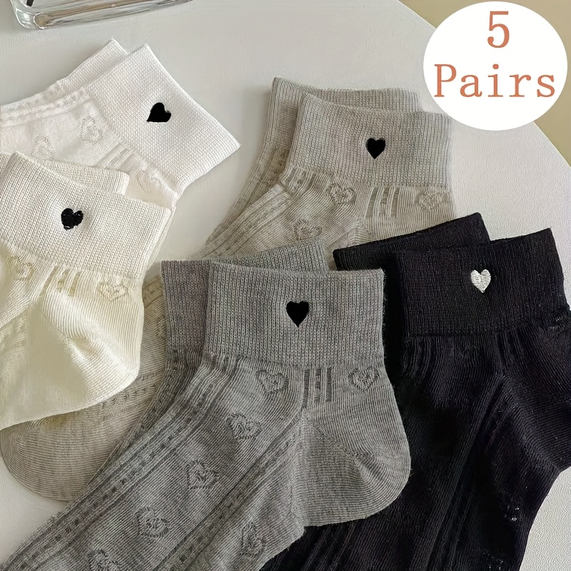 TEMU 5 Pairs Of Mixed Color Mesh Heart-patterned Versatile And Socks For Women, Breathable And Comfortable Short Socks