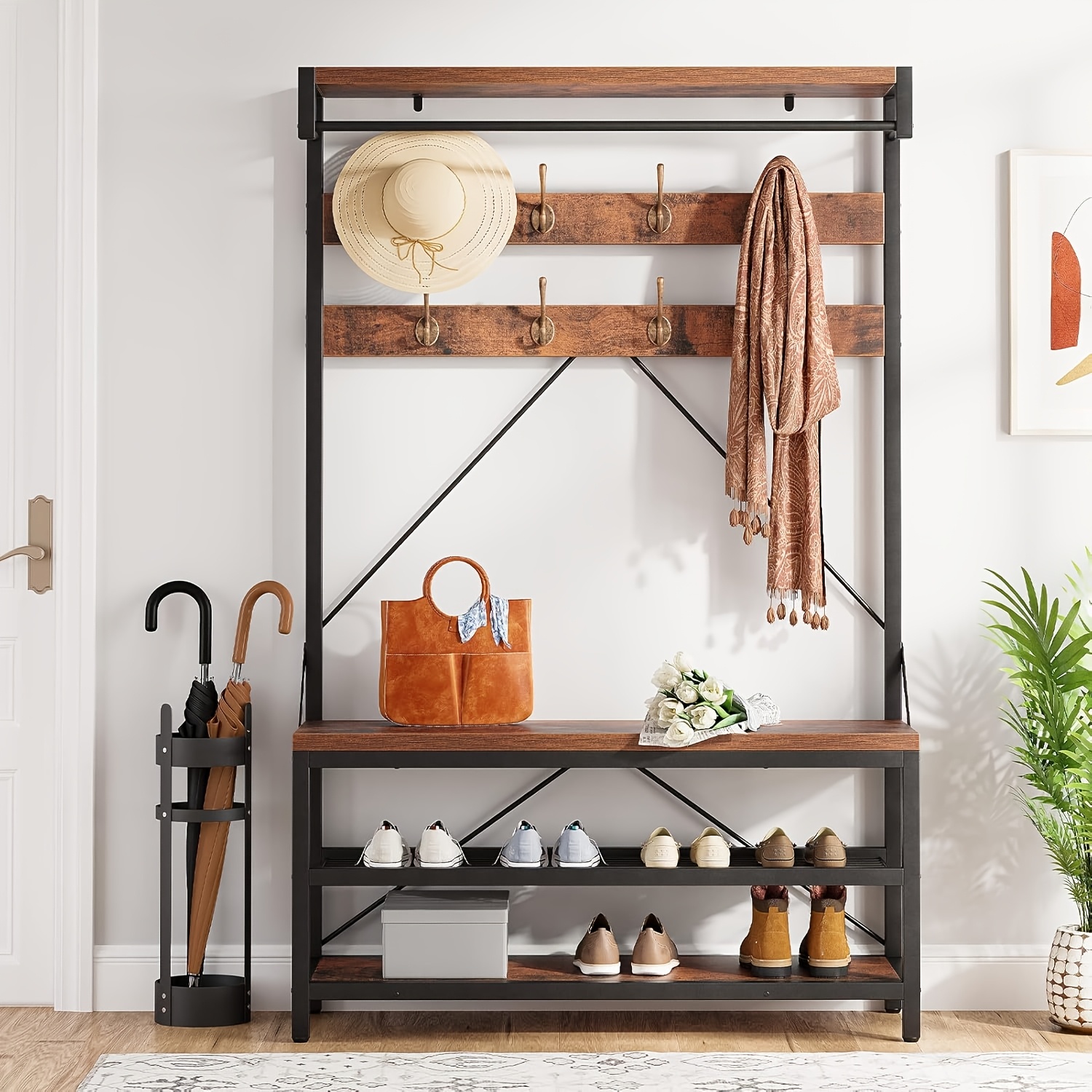Image of Industrial Hall Tree Coat Rack Shoe Bench With Storage Shelf & 8 Hooks - Rustic Brown Wood Look Entryway Organizer, Metal Frame & Wood, 39.9"x15.7"x72", Multipurpose Organizer, Hardwood