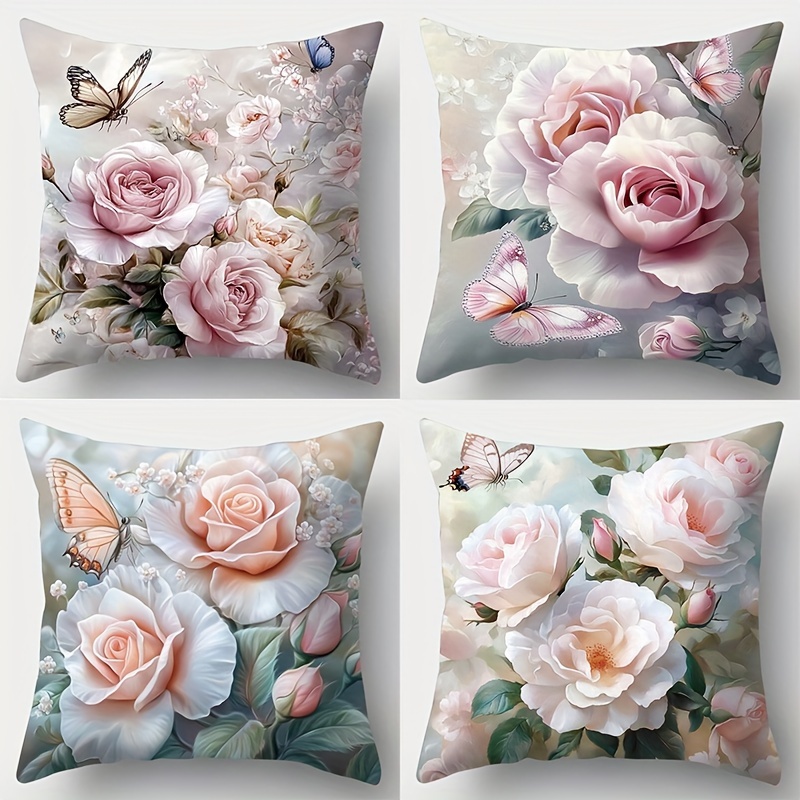 

4-pack & Rose Floral Pillowcases, 17.7x17.7 Inches, Contemporary Style, Polyester, Single-sided Print, Zipper Closure, Hand Wash Only, Sofa Cushion Covers For Living Room Decor