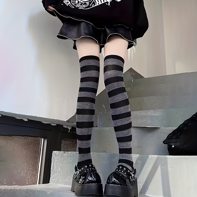 E-shop 1 Paar - Modische Damen-Y2K-Über-Knie-Socken im -Style, schwarz/grau & schwarz/weiß gestreift
