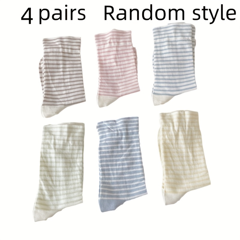 E-shop 4 Paar zufällige gestreifte Damensocken, Frühling/Sommer dünne wadenhohe Socken im koreanischen Stil, von Ins inspiriert, trendige atmungsaktive
