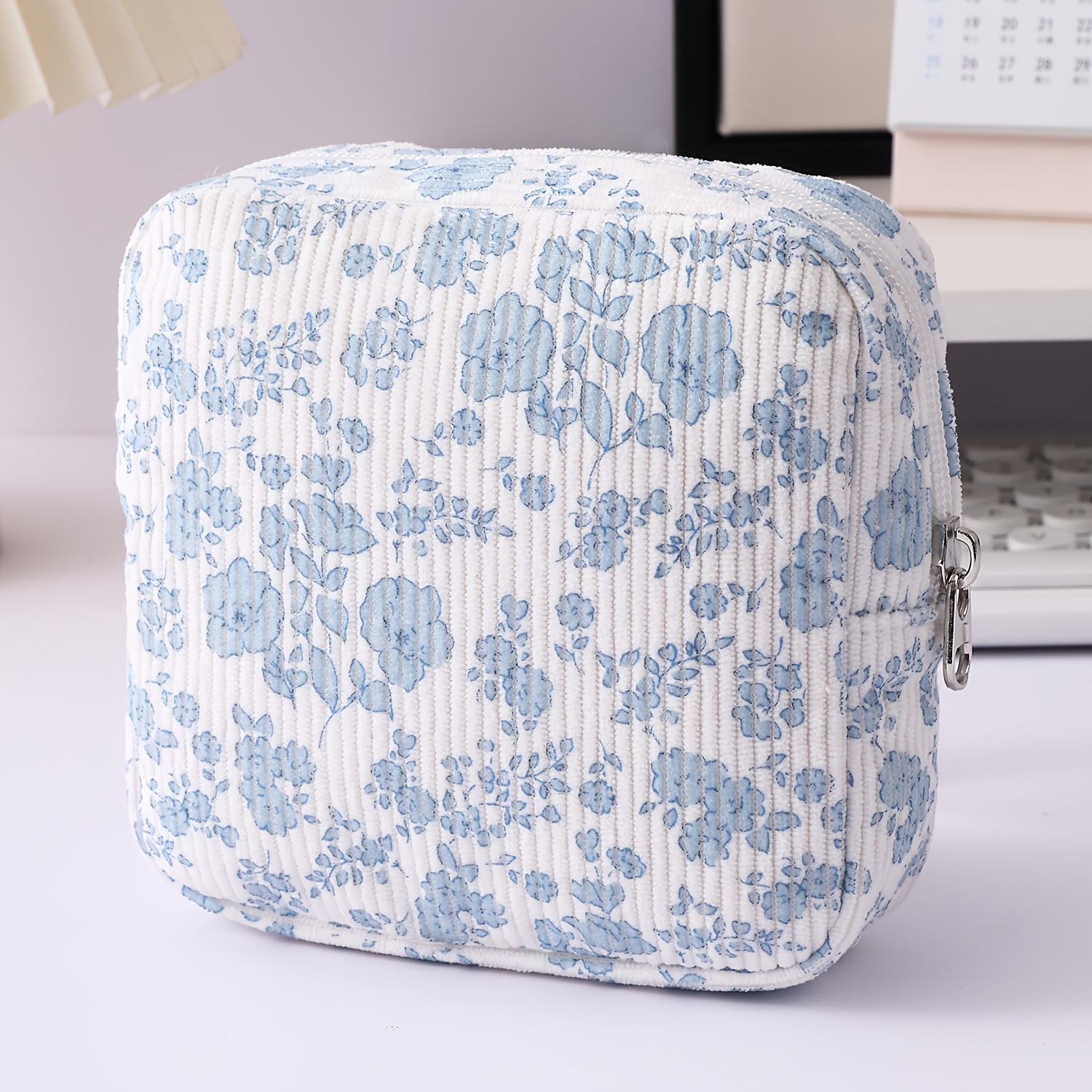 TEMU High-quality Corduroy Quilted Mini Cosmetic Bag With Floral And Bear Pattern, Square Sanitary Napkin Storage Bag, Portable Storage Bag, Durable